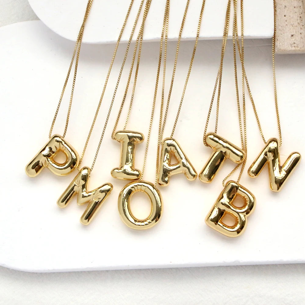 Gold Plated Copper Chunky Alphabet Balloon Bubble Initial Letter Pendant Necklace for Women Men Boy Fashion Jewelry