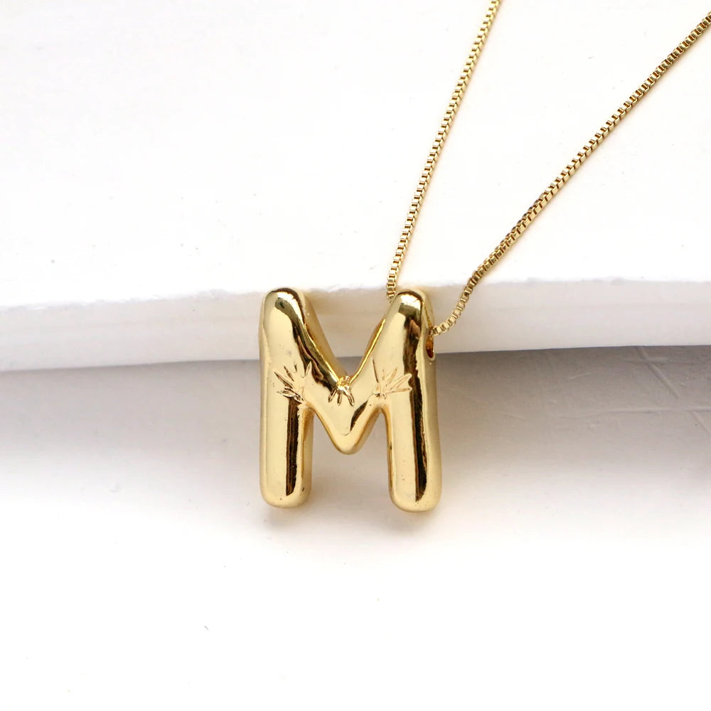 Gold Plated Copper Chunky Alphabet Balloon Bubble Initial Letter Pendant Necklace for Women Men Boy Fashion Jewelry